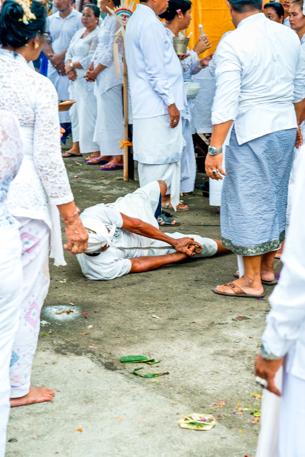 ...and he stabs his chest and stomach without drawing blood at all.